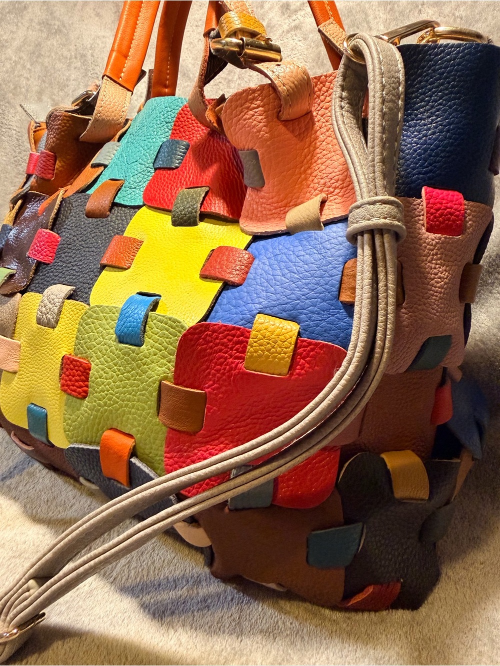 Multicolor Patchwork Genuine Leather Tote Bag - Picture 5 of 12